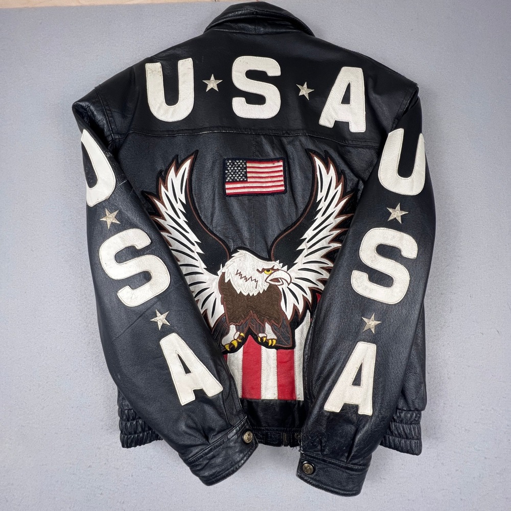 Leather Bomber Jacket Mens L Black USA Eagle Patriotic Biker Vintage Rocker - Picture 6 of 16